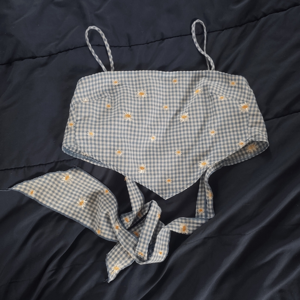 Sky Blue Floral Crop Top Size X-Small: XS (Daisy Embroidered Gingham, Kirious)